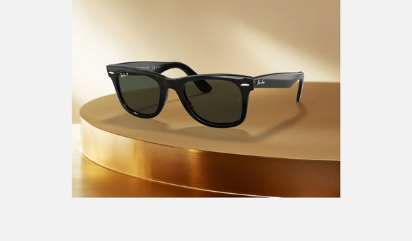 Ray-Ban Wayfarer RB2140 — Black / Green Polarized — quarter view