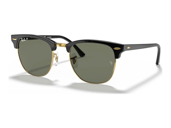 Ray-Ban Clubmaster RB3016 — Black & Gold / G-15 Green Polarized — quarter view
