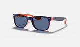 Ray-Ban Junior Junior New Wayfarer RJ9052S — Blue on Orange / Blue — quarter view