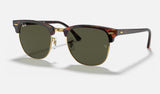 Ray-Ban Clubmaster RB3016 — Tortoise on Gold / G-15 Green — quarter view