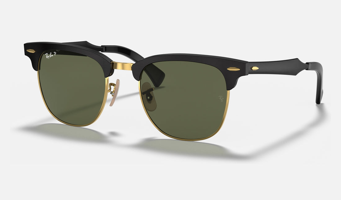 Ray-Ban Clubmaster Aluminum RB3507 — Black on Gold / G-15 Green Polarized — quarter view