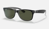 Ray-Ban New Wayfarer RB2132 — Black on Transparent / G-15 Green — quarter view