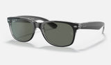 Ray-Ban New Wayfarer RB2132 — Black on Transparent / Polarized Green Classic G-15 — quarter view