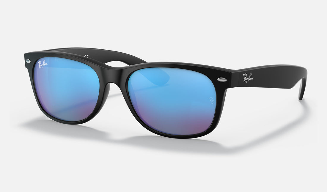 Ray-Ban New Wayfarer RB2132 — Rubber Black / Blue Flash — quarter view