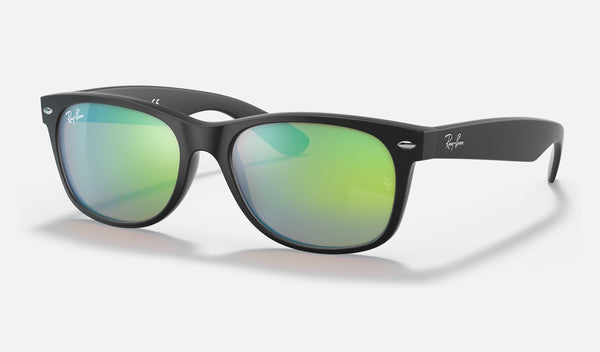 Ray-Ban New Wayfarer RB2132 — Black / Green Flash — quarter view