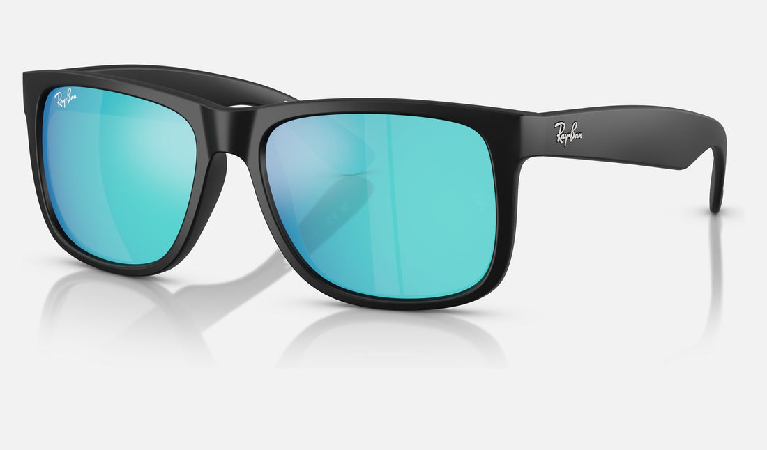 Ray-Ban Justin RB4165F — Rubber Black / Blue Mirror — quarter view