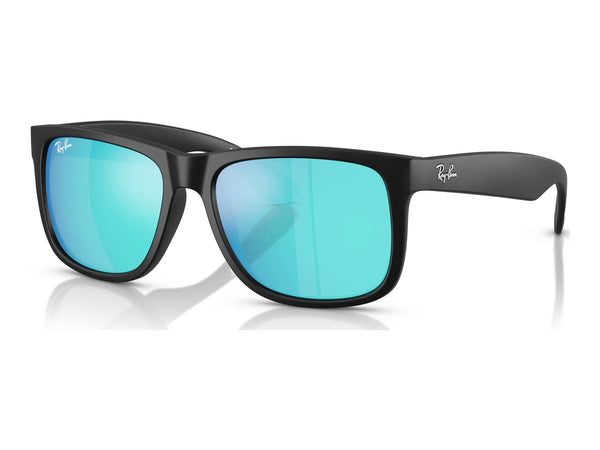 Ray-Ban Justin RB4165F — Rubber Black / Blue Mirror — quarter view