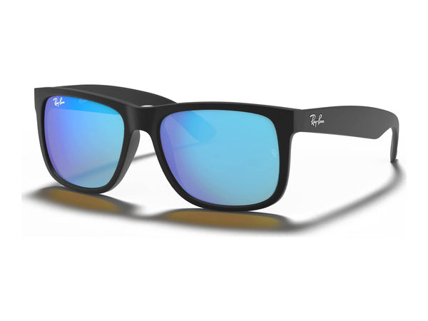 Ray-Ban Justin RB4165 — Rubber Black / Blue Mirror — quarter view