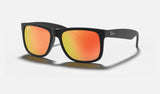 Ray-Ban Justin RB4165 — Rubber Black / Red Mirror — quarter view