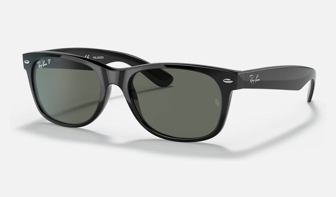 Ray-Ban New Wayfarer Low Bridge Fit RB2132F — Black / G-15 Green Polarized — quarter view