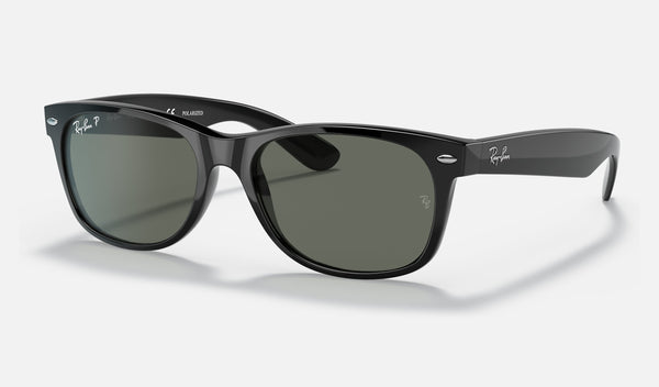 Ray-Ban New Wayfarer Low Bridge Fit RB2132F — Black / G-15 Green Polarized — quarter view