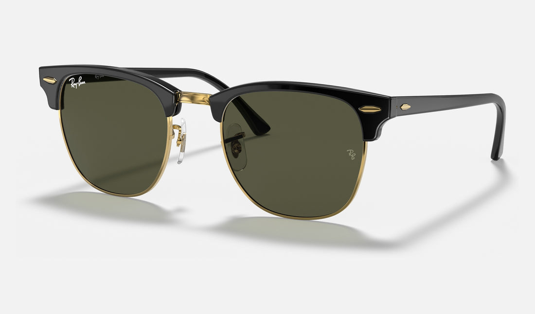 Ray-Ban Clubmaster Low Bridge Fit RB3016F — Black on Gold / G-15 Green — quarter view