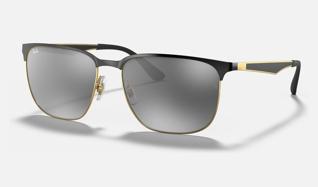 Ray-Ban RB3569 — Black on Gold / Grey Gradient Mirror — quarter view