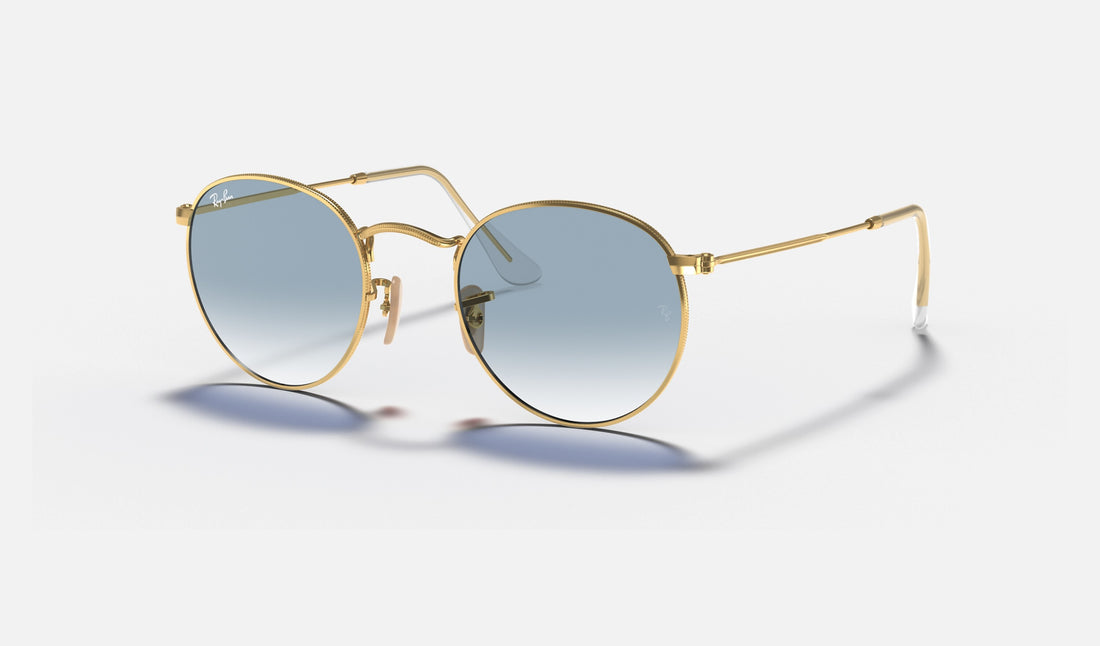 Ray-Ban Round Metal RB3447N — Arista Gold / Light Blue Gradient — quarter view