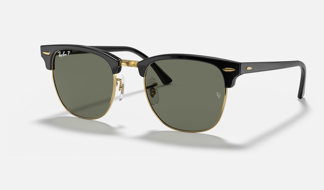 Ray-Ban Clubmaster Low Bridge Fit RB3016F — Black / G-15 Green Polarized — quarter view
