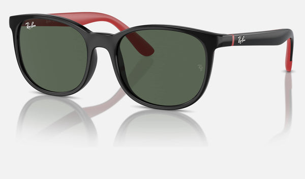 Ray-Ban Junior RJ9079S — Black on Red / Dark Green — quarter view