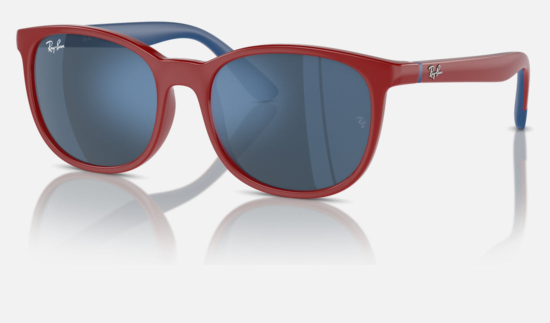 Ray-Ban Junior RJ9079S — Red on Blue / Dark Blue — quarter view
