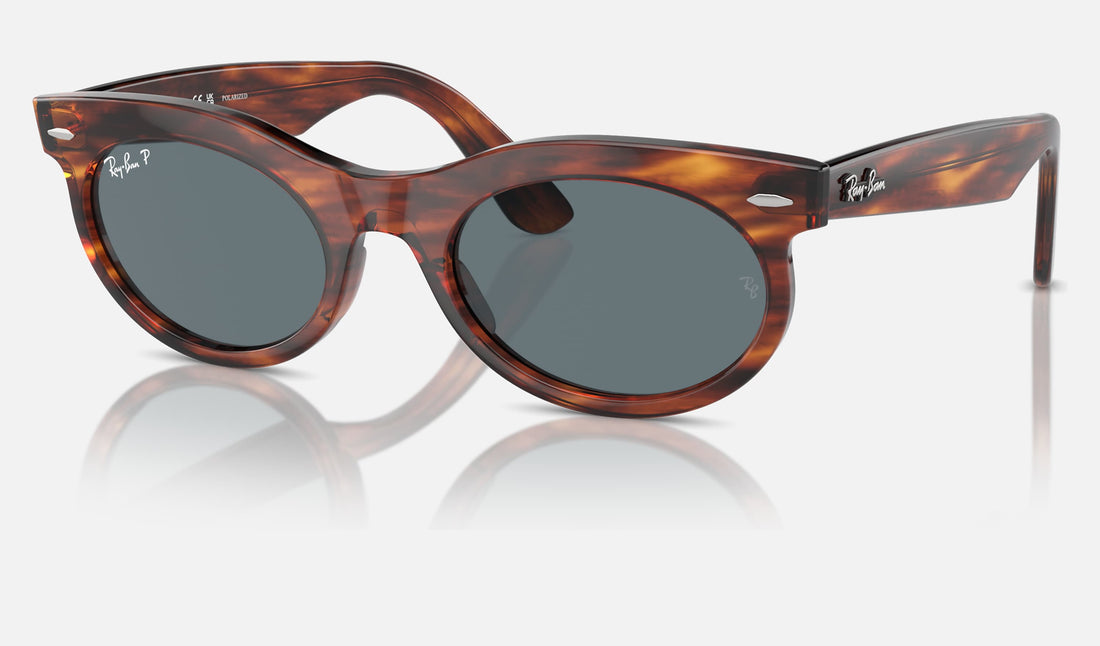 Ray-Ban Wayfarer Oval RB2242F — Striped Havana / Dark Blue Polarized — quarter view
