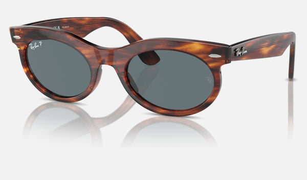 Ray-Ban Wayfarer Oval RB2242F — Striped Havana / Dark Blue Polarized — quarter view