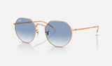 Ray-Ban Jack RB3565 — Rose Gold / Clear & Blue — quarter view