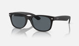 Ray-Ban New Wayfarer Low Bridge Fit RB2132F — Rubber Black / Blue — quarter view