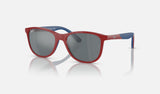 Ray-Ban Junior RJ9077S — Red on Blue / Grey Black — quarter view