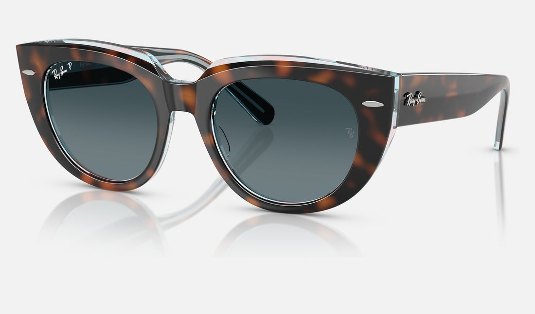 Ray-Ban Doreen RB2286 — Dark Havana on Transparent Multicolor / Blue Gradient Polarized — quarter view