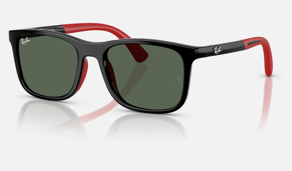 Ray-Ban Junior RJ9084S — Black on Rubber Red / Dark Green — quarter view