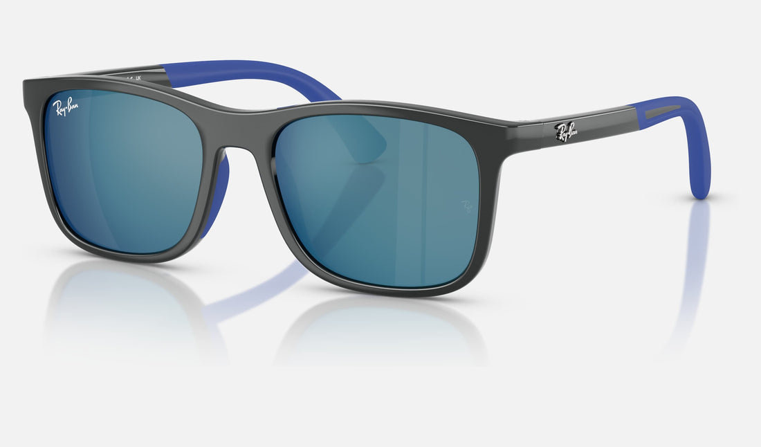 Ray-Ban Junior RJ9084S — Grey on Rubber Blue / Dark Blue Mirror Blue — quarter view