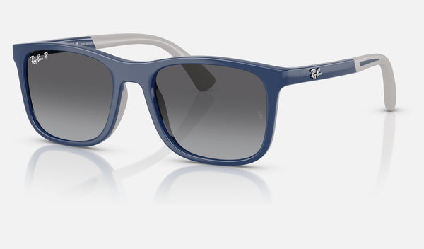 Ray-Ban Junior RJ9084S — Blue on Rubber Grey / Light Brown Polarized — quarter view