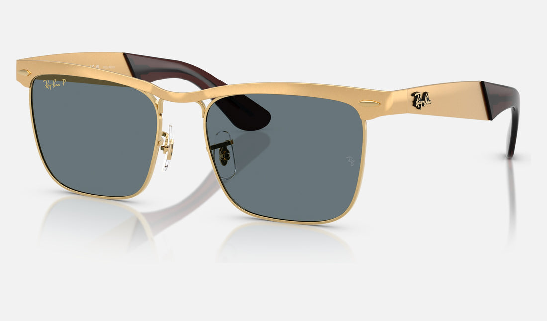 Ray-Ban Wayfarer Deluxe RB3875 — Sandblasted Legend Gold / Dark Blue Polarized — quarter view