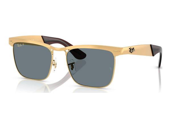 Ray-Ban Wayfarer Deluxe RB3875 — Sandblasted Legend Gold / Dark Blue Polarized — quarter view