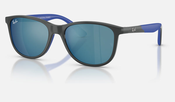 Ray-Ban Junior RJ9077SF — Grey on Rubber Blue / Dark Blue Mirror Blue — quarter view