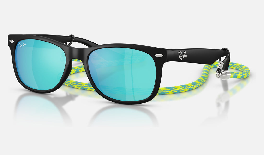 Ray-Ban Junior Junior New Wayfarer RJ9052S — Rubber Black / Light Green Mirror Blue — quarter view