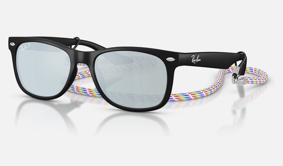 Ray-Ban Junior Junior New Wayfarer RJ9052SF — Rubber Black / Green Mirror Silver Polar — quarter view