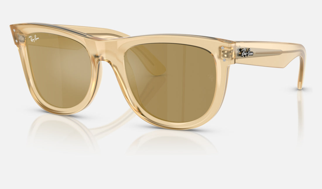 Ray-Ban Wayfarer Reverse RBR0502S — Opal Yellow / Brown Mirror Gold — quarter view