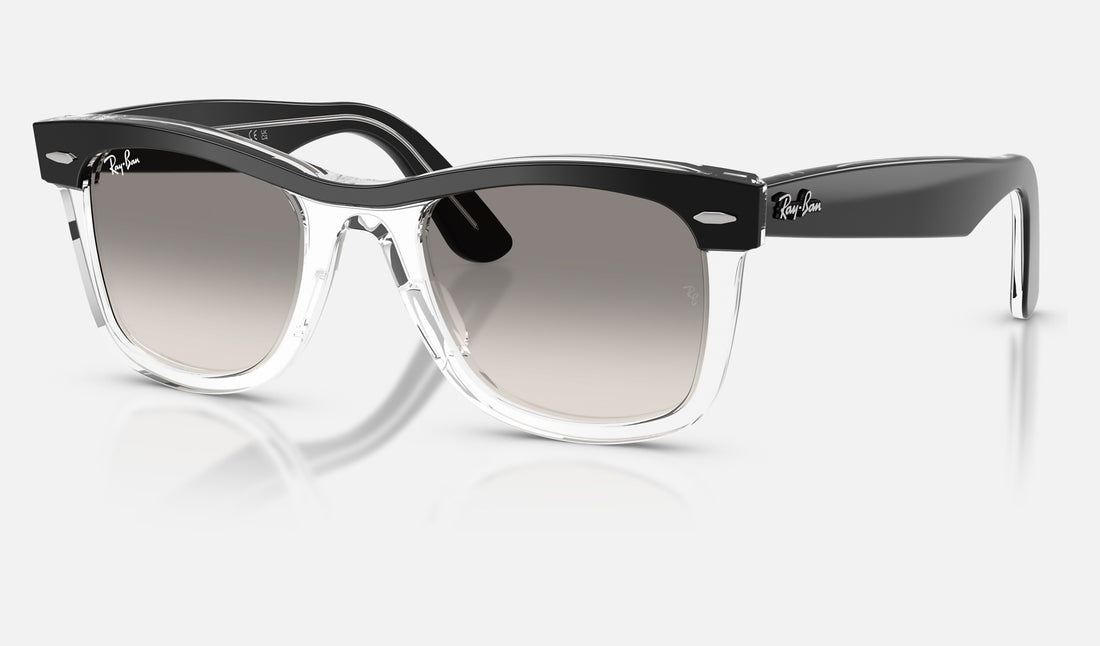 Ray-Ban Wayfarer RB2240F — Black on Transparent / Clear Gradient Grey — quarter view