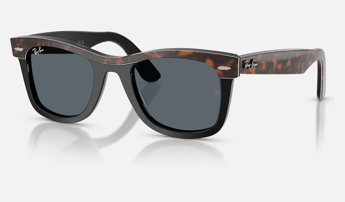 Ray-Ban Wayfarer RB2240F — Havana on Black / Blue — quarter view