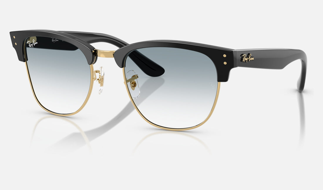 Ray-Ban Clubmaster Reverse RBR0504S — Black on Gold / Clear Gradient Blue — quarter view