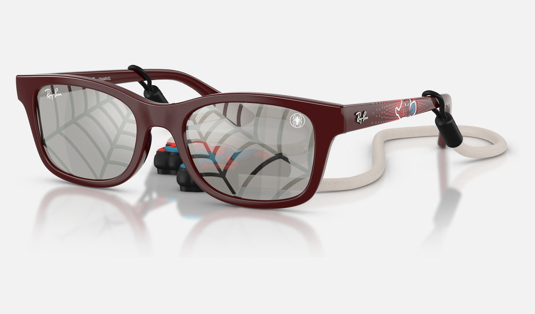 Ray-Ban Junior RJ9086S — Dark Red / Grey Tampo Triangles Silver — quarter view