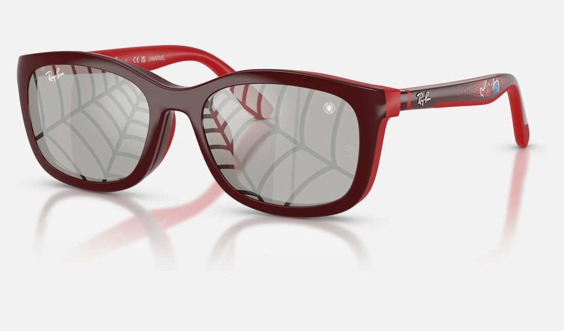 Ray-Ban Junior RJ9644S — Dark Red/rubber Red / Grey Tampo Triangles Silver — quarter view