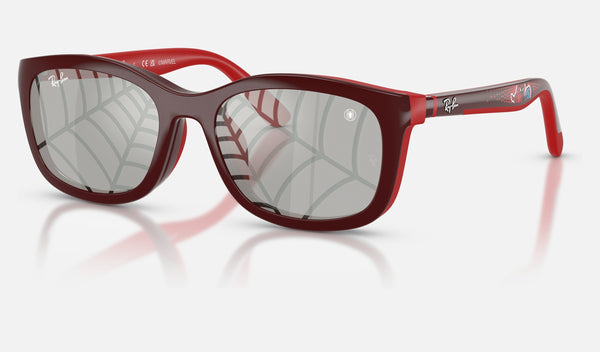 Ray-Ban Junior RJ9644S — Dark Red/rubber Red / Grey Tampo Triangles Silver — quarter view