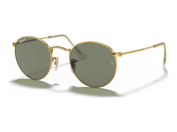 Ray-Ban Round Metal RB3447 — Arista Gold / G-15 Green Polarized — quarter view