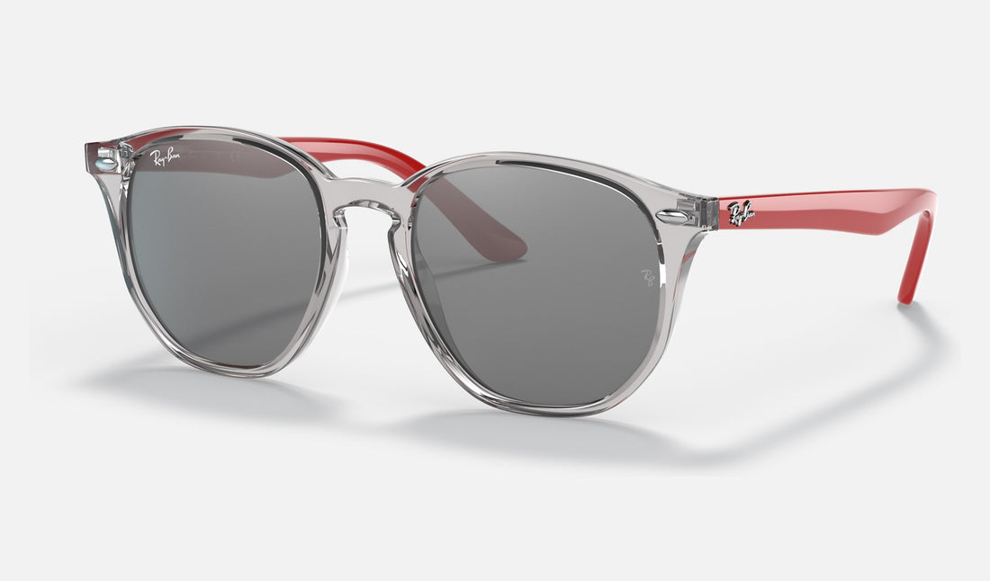 Ray-Ban Junior RJ9070S — Transparent Grey / Grey Mirror Silver — quarter view