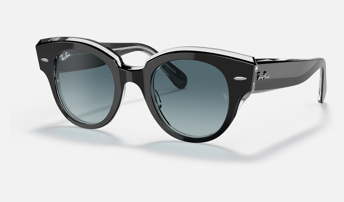 Ray-Ban Roundabout RB2192F — Black on Transparent / Blue Gradient Grey — quarter view
