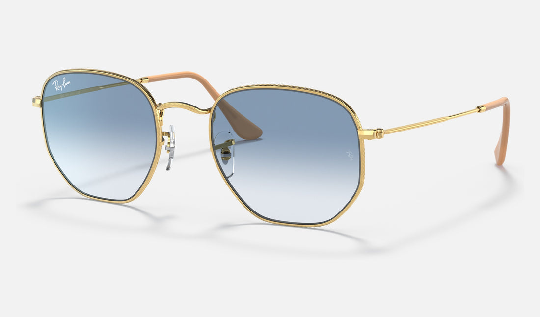 Ray-Ban Hexagonal RB3548 — Arista Gold / Light Blue Gradient — quarter view