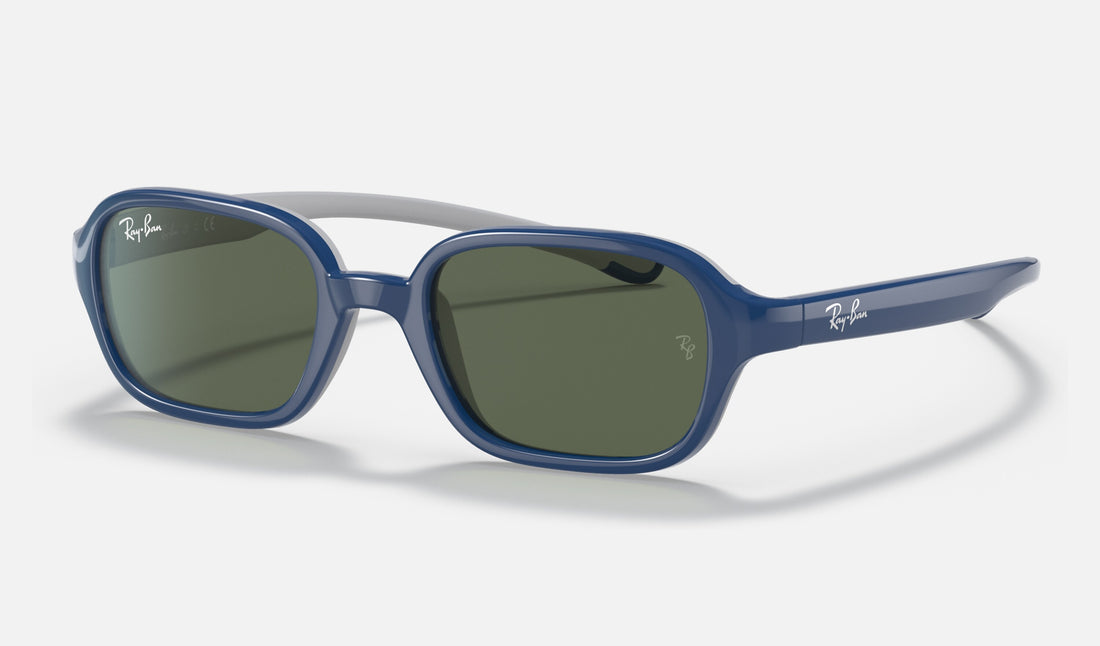 Ray-Ban Junior RJ9074S — Blue on Grey / Dark Green — quarter view