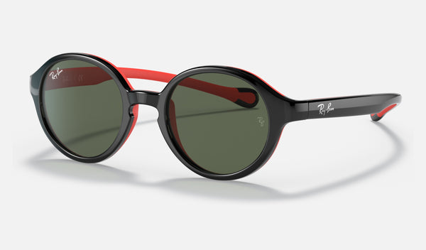 Ray-Ban Junior RJ9075S — Black on Red / Dark Green — quarter view