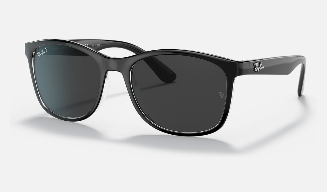 Ray-Ban RB4374 — Black on Transparent / Polarized Black — quarter view