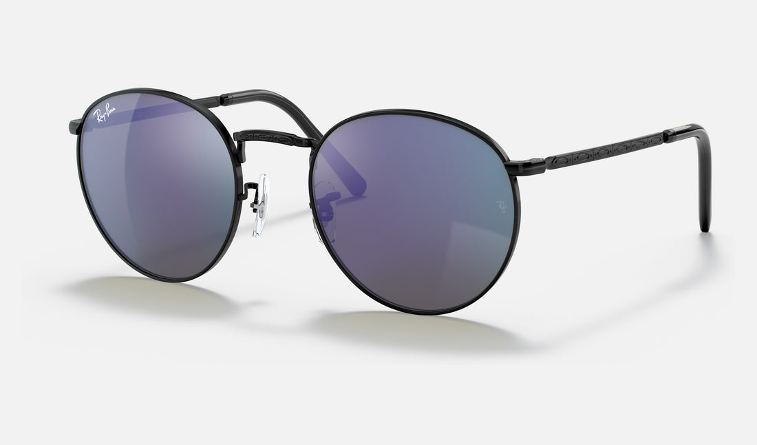 Ray-Ban New Round RB3637 — Black / Green Mirror Blue — quarter view